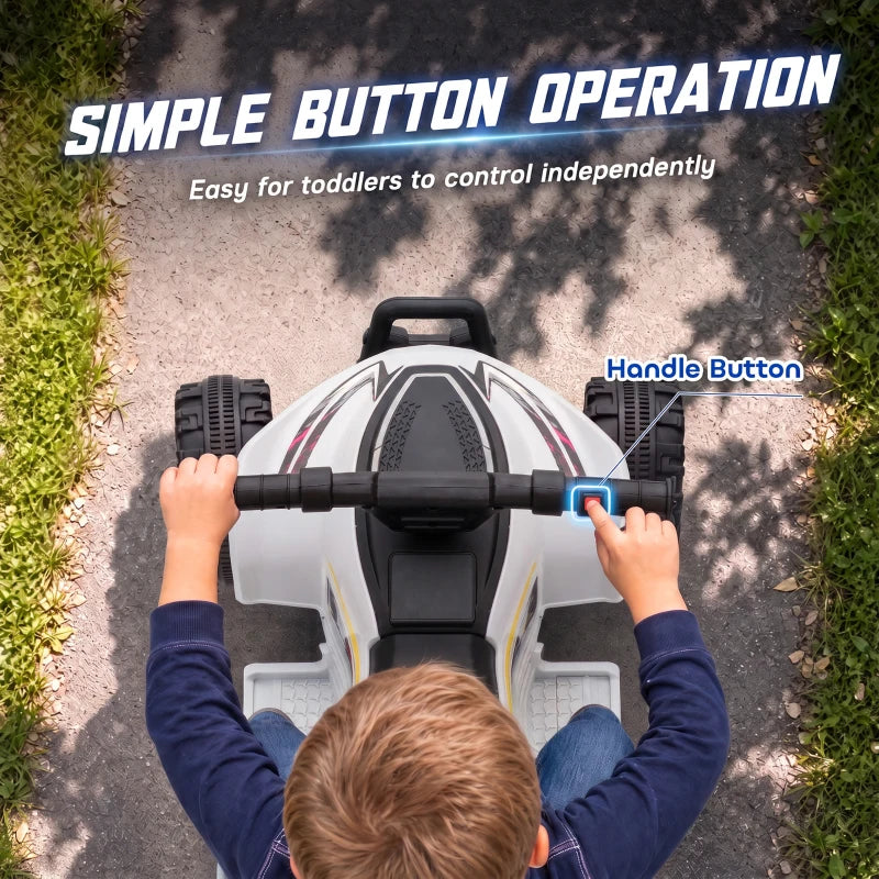White kids quad bike with handlebar control button, child hands on grips