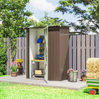 Brown metal storage shed with open door and interior compartment for gardening supplies