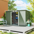 Light green metal garden shed with open double doors and shelving inside