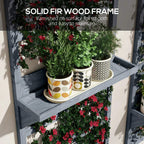 Grey solid fir wood wall plant stand with slatted trellis shelves