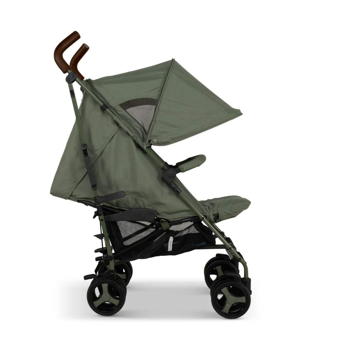 Olive green stroller pushchair with canopy and visible wheels and handle