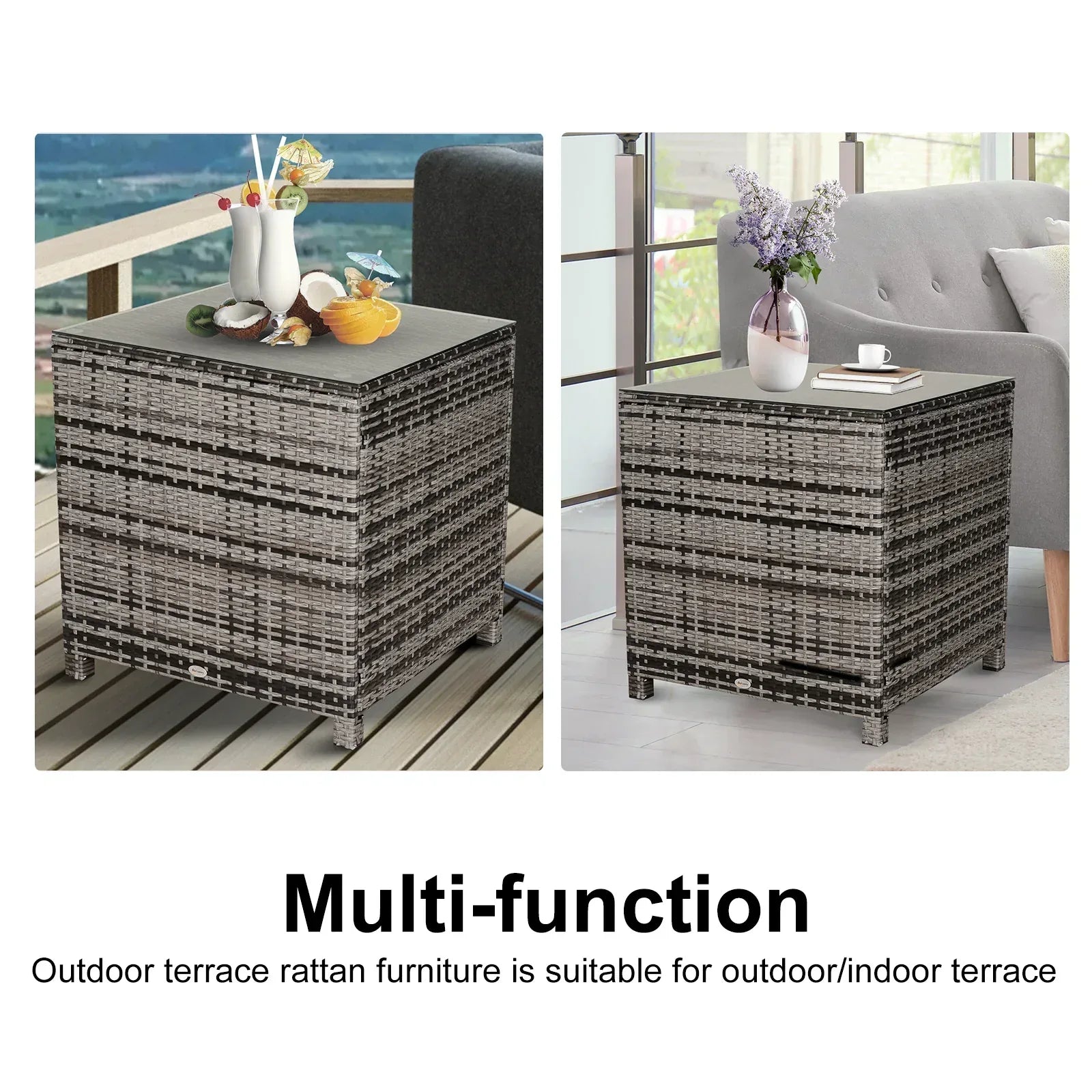Square PE Rattan Garden Table, with Glass Table Top - Grey - Bobobiy