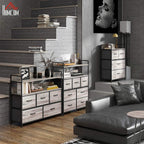 Grey wood-effect cabinet with seven fabric drawers and dark steel frame