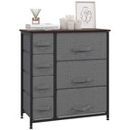 Dark grey fabric drawer dresser with 7 drawers and metal frame, front view.