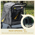 Grey pet stroller rain cover with rear opening and hook-and-loop fastener, zip panel