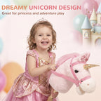 Pink plush unicorn stick horse with gold horn, kid gripping handle