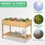 Raised wooden 8-compartment planter stand with slatted shelf and watering can, oak tone