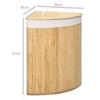 Corner bamboo laundry hamper with lid, curved handle and white lining, size shown.