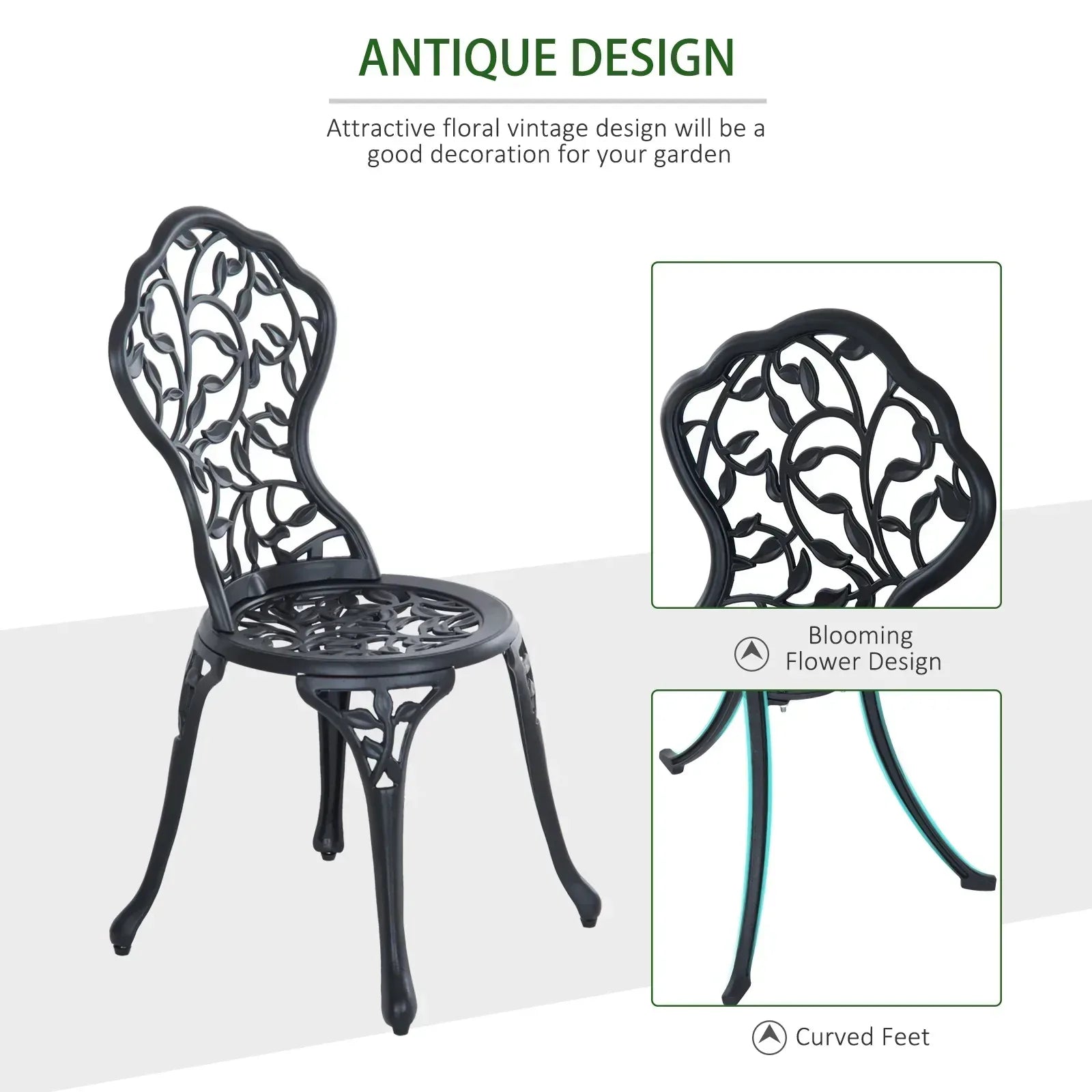 3 Pcs Aluminium Bistro Set Garden Furniture Dining Table Chairs Antique Outdoor Seat Patio Seater Black - Bobobiy