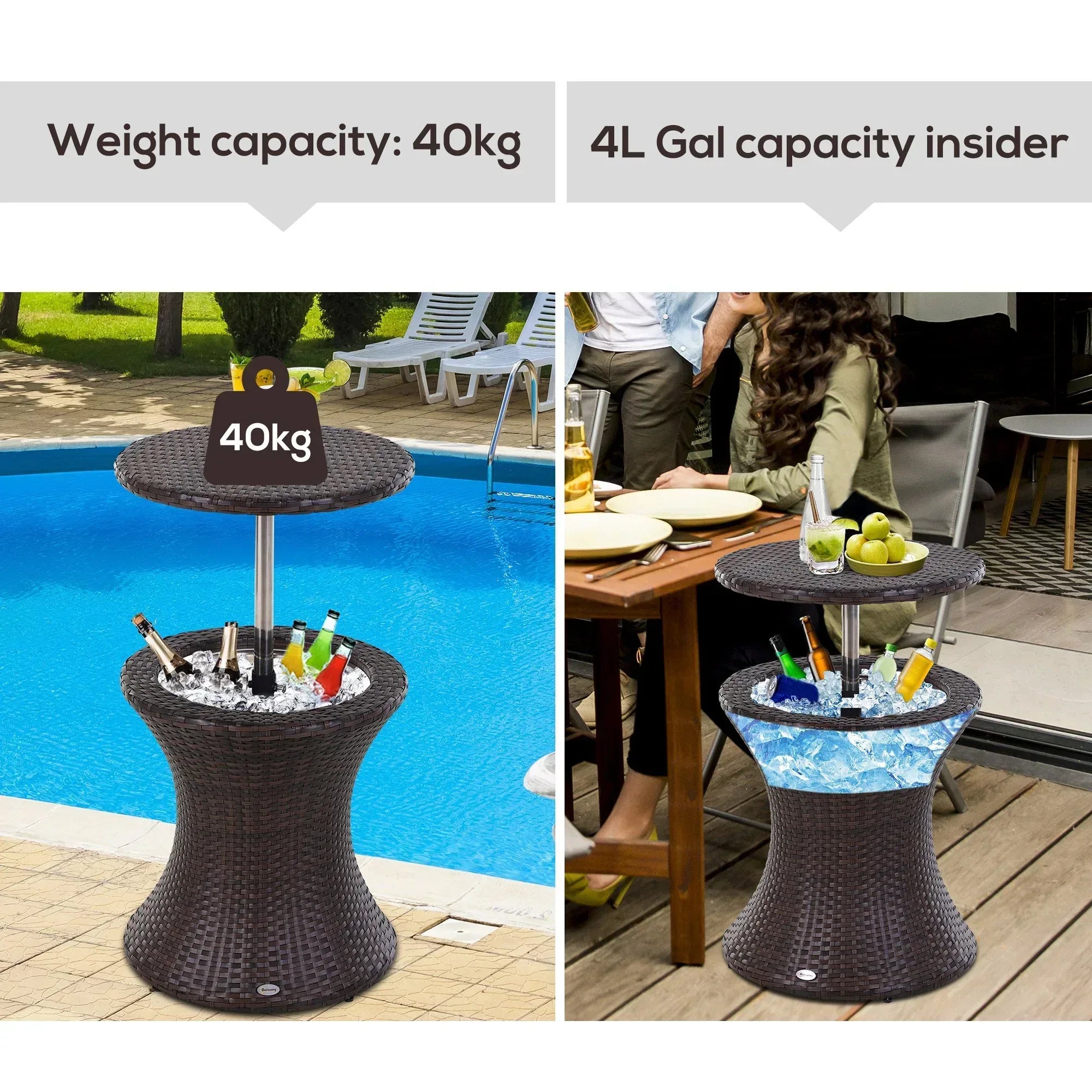 PE Rattan Ice Bucket Table, Height Adjustable Liftable Outdoor Drinks Cooler, 52 cm Round Garden Beer Cocktail Table with Lid for Bar, Patio, Terrace, Brown - Bobobiy