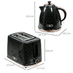 Black electric kettle and 2-slice toaster with size diagram