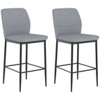 Set of 2 grey velvet bar stools with backrest and footrest, black metal legs