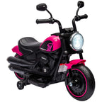 Pink and black electric motorbike for kids with headlight, handlebars, and training wheels
