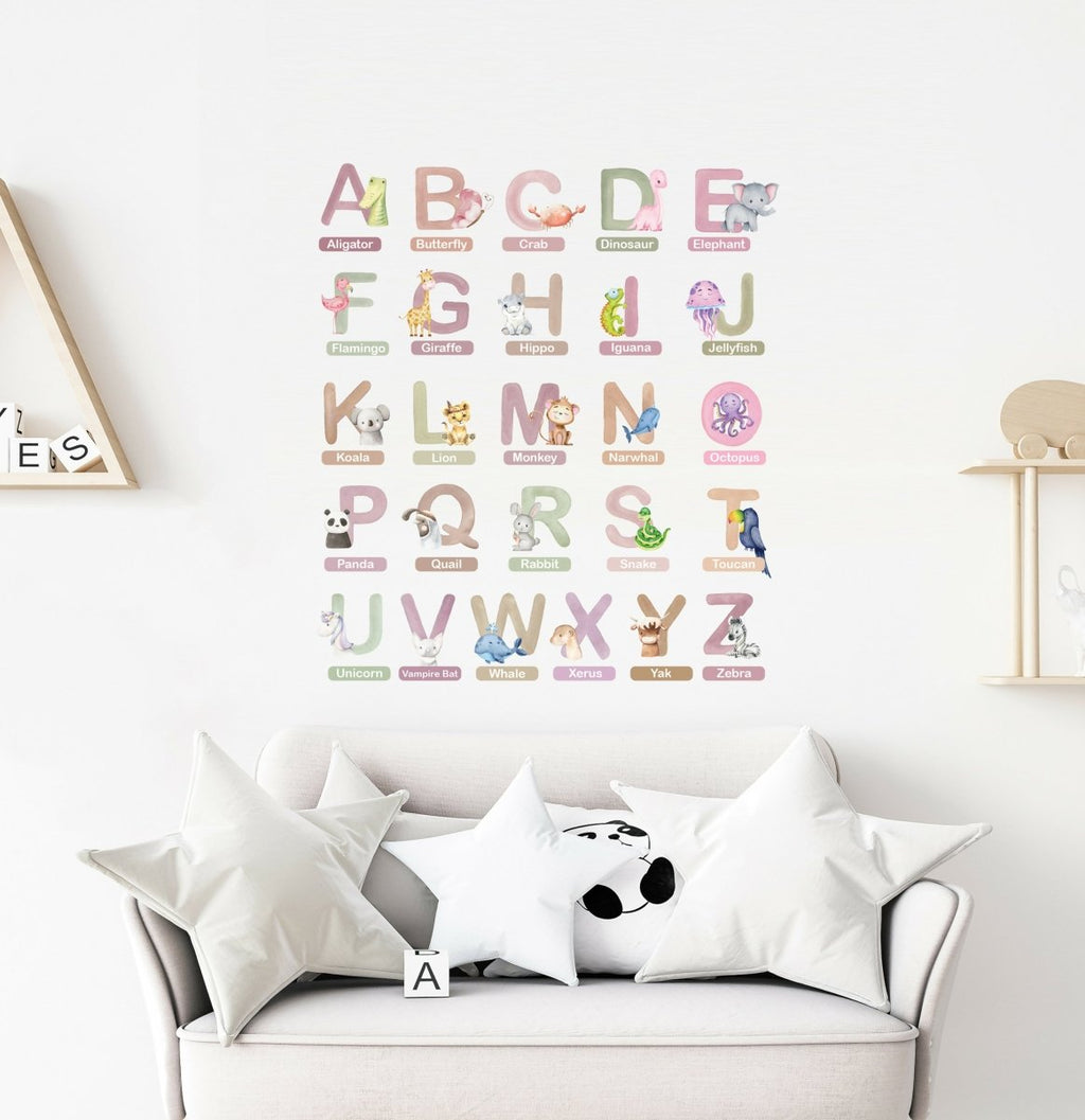 Alphabet wall stickers featuring A–Z letters with animal figures in pastel