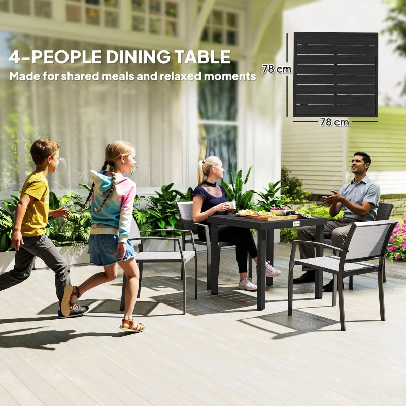 Black 4-person square outdoor dining table with slatted top and aluminium legs
