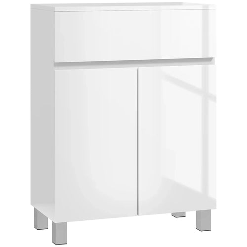 White high-gloss freestanding bathroom cabinet with two doors and pedestal legs
