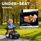 Black ride-on push car with under-seat storage compartment for toys and snacks