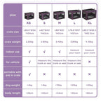 Purple pet carrier size guide chart listing XS to XL and crate sizes