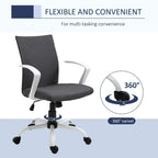 Dark grey swivel office chair with armrests, cushioned seat, and wheeled white base