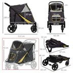 Grey foldable pet stroller with rain cover, side and front views, four wheels