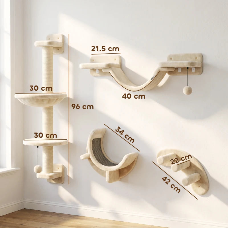 Beige wall-mounted cat furniture layout with hammock, platforms, ladder and steps