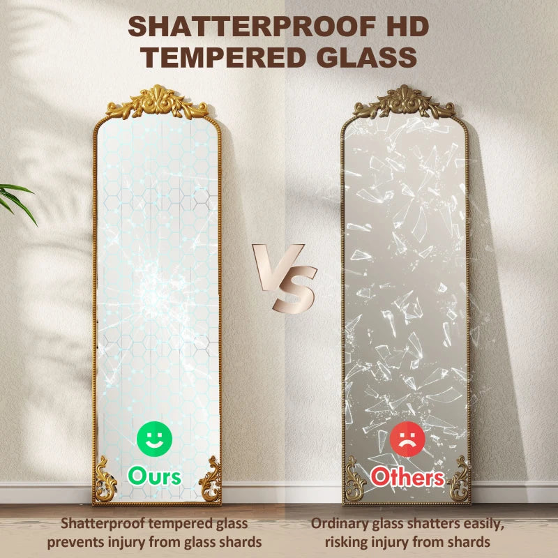 Full length mirror with baroque gold frame, tempered glass design shown