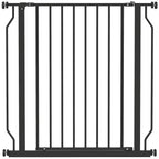Black extra-wide dog gate with vertical bars and pressure-mounted side rails