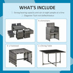 Grey rattan dining set includes 4 armchairs, 4 footstools, and 1 dining table