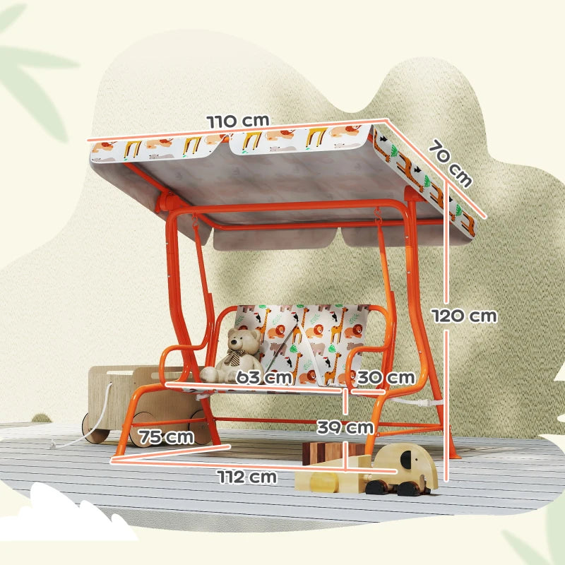 Kids porch swing bench with adjustable canopy and animal-pattern seat, orange frame