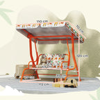 Kids porch swing bench with adjustable canopy and animal-pattern seat, orange frame
