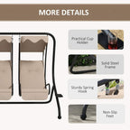 Beige swing chair with protective canopy, cup holder, sturdy frame, and non-slip feet.