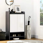 Shoe cabinet with white doors and three-tier open shelving for shoes