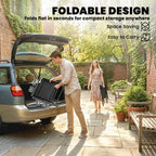 Black folding garden chair with high back and armrests, folded flat for storage