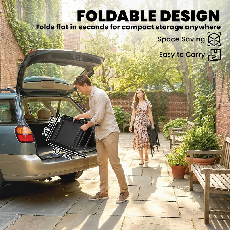 Black folding garden chair with high back and armrests, folded flat for storage