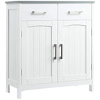 White freestanding bathroom cabinet with 2 drawers and double doors, vertical metal handles
