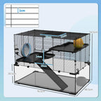 Black 3-level wire hamster cage with deep glass base, yellow exercise wheel, ramps and platforms