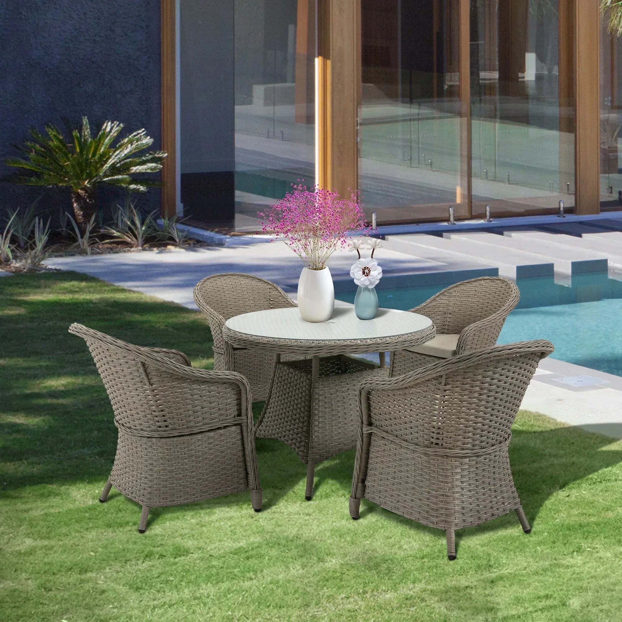 4 Seater Rattan Garden Furniture Set with Cushions, Round PE Rattan Dining Set with Glass-Top Table, Umbrella Hole, Outdoor Garden Table and Chairs, Mixed Grey - Bobobiy