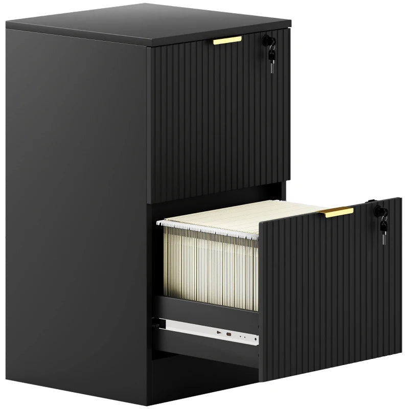 Black fluted filing cabinet with two lockable vertical drawers and hanging rails