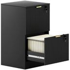 Black fluted filing cabinet with two lockable vertical drawers and hanging rails
