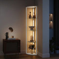 White tall LED floor lamp with three glass shelves, warm light, full room view