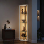White tall LED floor lamp with three glass shelves, warm light, full room view