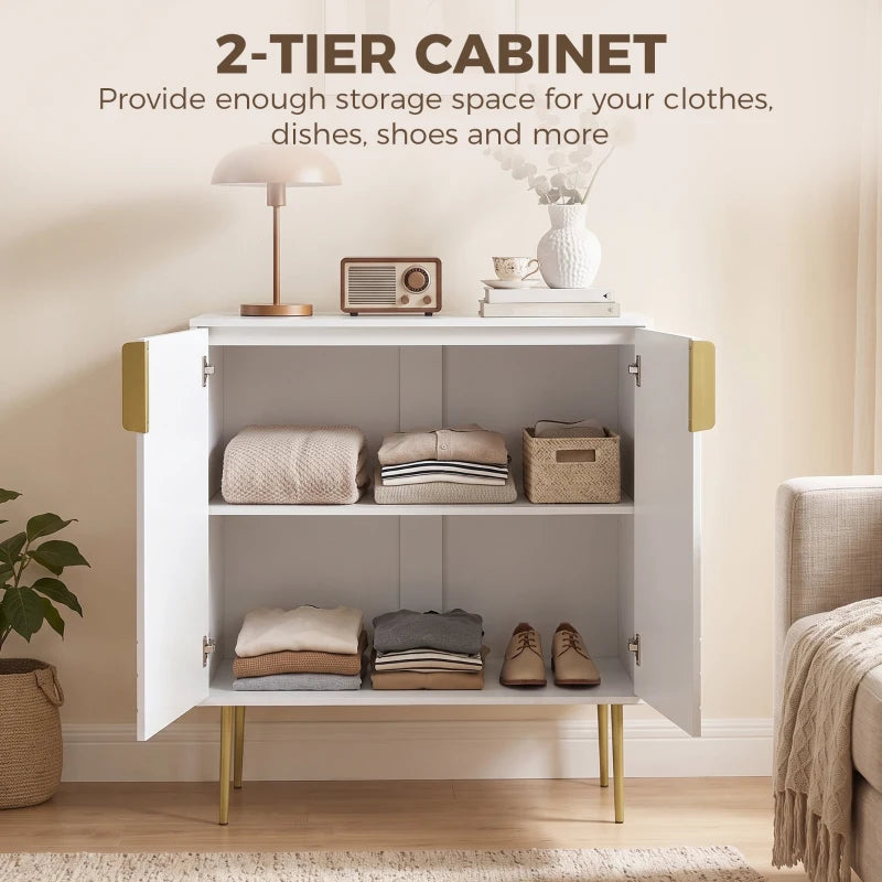 White 2-door cabinet with interior shelves, open storage compartments, gold side handles