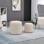 Set of 2 cream white round ottomans with removable lids, small and large sizes.