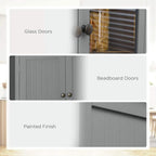 Grey pantry cupboard with glass doors, beadboard-style cabinet doors, and painted finish