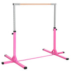 Pink height-adjustable kids gymnastics horizontal bar with wooden grip and black feet