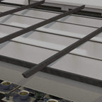 Grey retractable canopy fabric panels on aluminium crossbars, close-up view