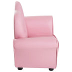 Pink kids armchair in side profile with padded seat and tall back
