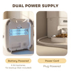 Automatic cat feeder showing dual power options: battery backup and power cord