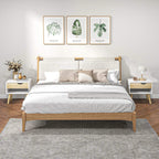 White bedside table with oak drawer front and open shelf, curved cutout handle