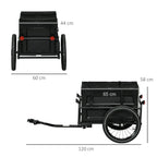 Black bike trailer storage box, rear view with two wheels and hitch bar